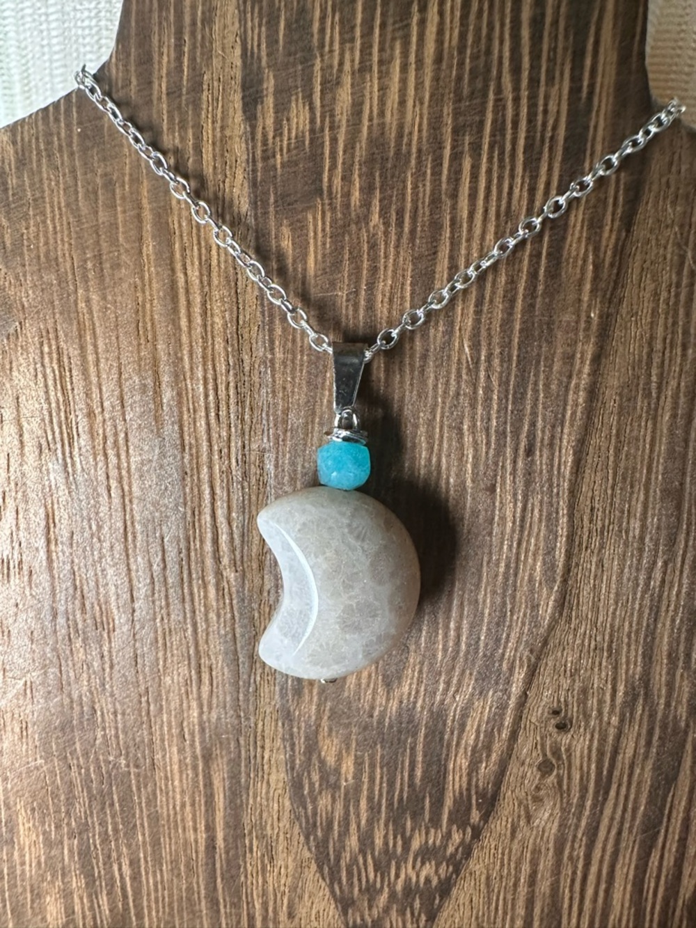 Small Coral Fossil Crescent Moon Charm Pendant Necklace, Amazonite and Silver - Picture 11 of 13
